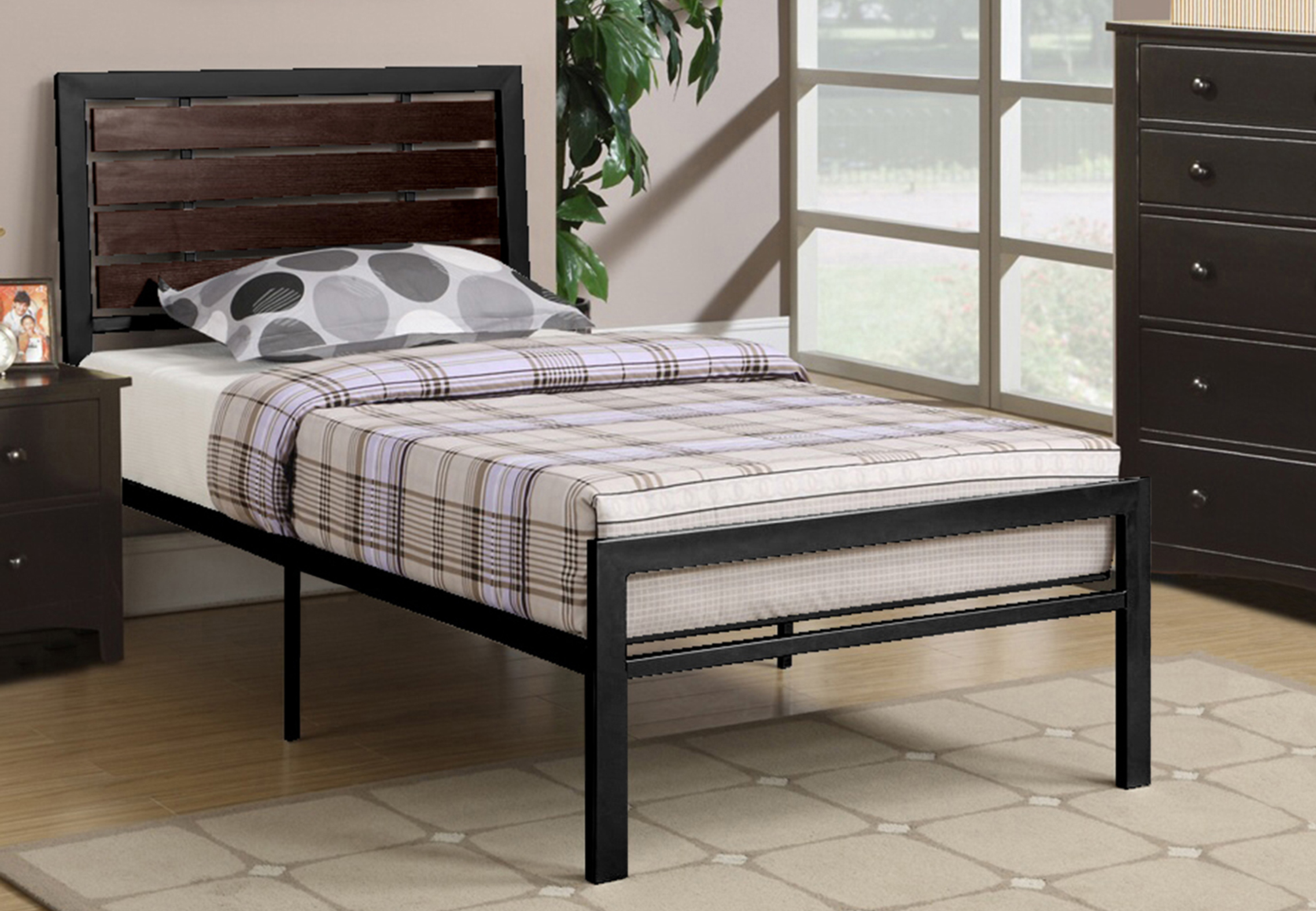 Metal Bed with Espresso Wood Panels