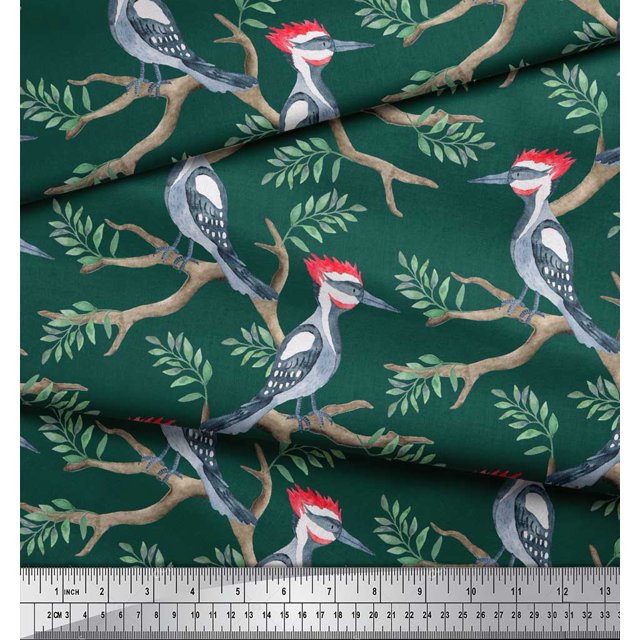 Soimoi Green polyester Crepe Fabric Leaves & Woodpecker Bird Print Fabric by Yard 52 Inch Wide
