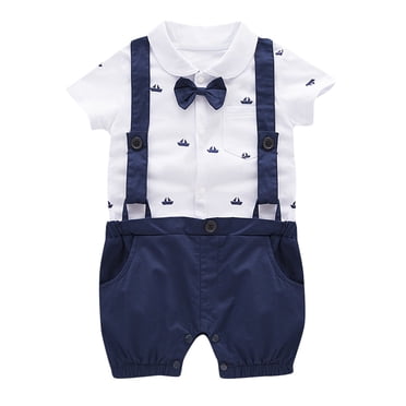 Zwiiyzr 2025 Infant Baby Boy Formal Suit Gentleman Bowtie Romper Suspenders Shorts Wedding Tuxedo Outfit Cake Christening Clothes Short Sleeve Jumpsuit Baby Clothes White