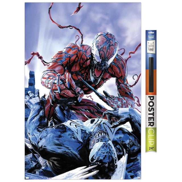 Marvel Comics - Carnage - Battle with Venom Affiche Murale, 14,725 Pouces x 22,375 Pouces Représentant une Impression d'Art de Bande Dessinée Brillante et Haute Résolution de Carnage sous Forme de symbiote Rouge et Noir Attaquant Venom sous Forme de symbiote Noir et Blanc avec un Fond de Ciel Nuageux et de Gravats, Convient à la Décoration Murale de Chambre Ou de Bureau.