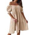 thumbnail image 3 of B91xZ Robes pour Femmes Manches Courtes Col en V Fendu Haut Bas Robe Longue à Volants avec Ceinture, Beige TG, 3 of 5