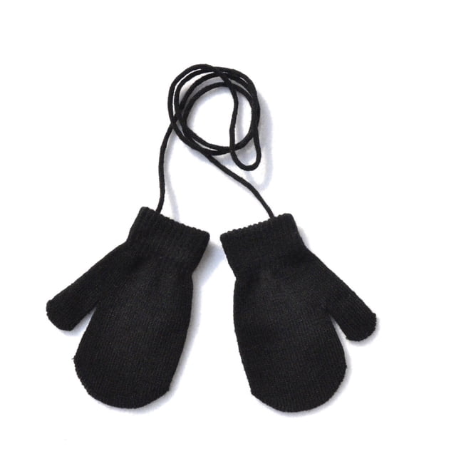 Black Gloves Mittens Children Winter Warm Solid Knitted Cute with String Gloves