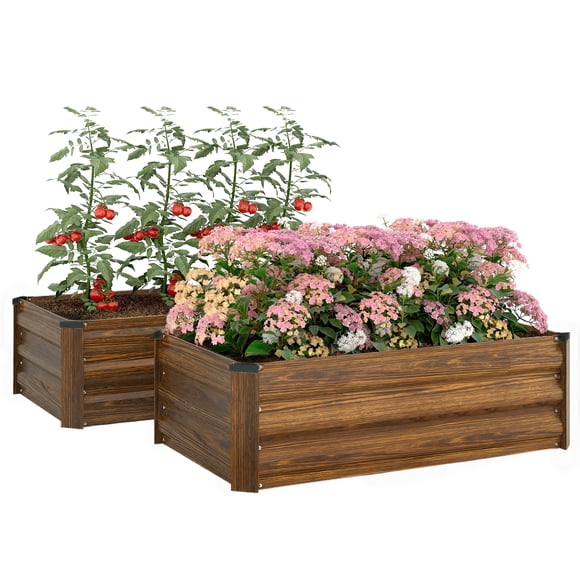 Outsunny Ensemble de 2 Bacs de Jardin Surélevés, Jardinière Galvanisée, Brun Foncé