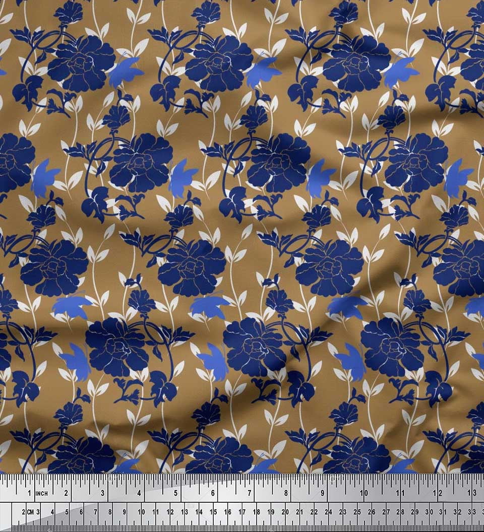 Soimoi Brown Poly Georgette Fabric Leaves,Insect & Floral Artistic Print Fabric by The Yard 42 Inch Wide