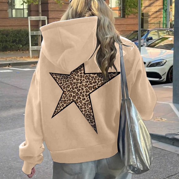 TINZ Women's Hooded Sweatshirt Star Print Leopard Streetwear Pullover Casual Comfortable Hoodie For Fall Winter Tunic Zipper Sweatshirts Women Huge Hoodies Women