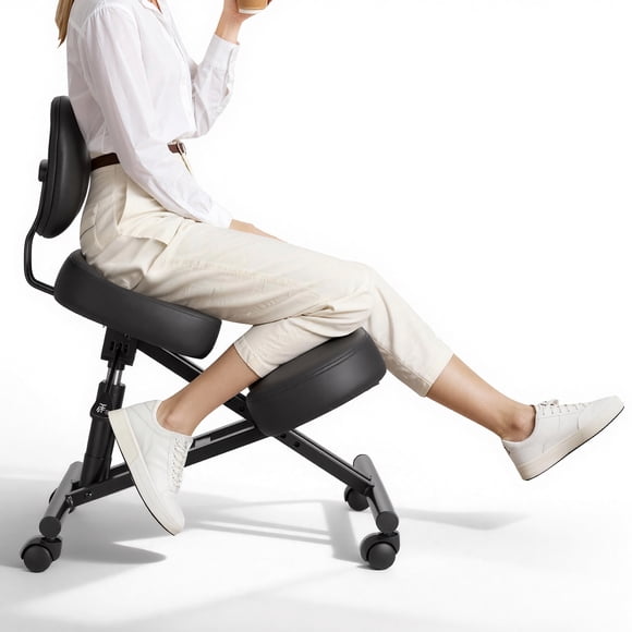 VEVOR Ergonomic Kneeling Chair with Backrest & Wheels, Mobile X-Shaped Posture Knee Chair with Adjustable Height & Thick Foam Cushions, Black