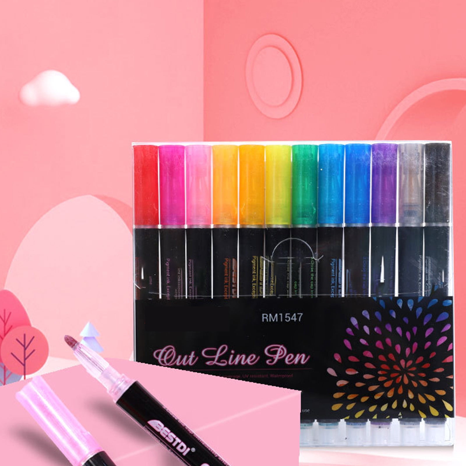 Outline Markers Pens, Xinsrenus 12 Colors Double Line Pen Glitter Drawing Pens, Self Outline Marker for Greeting Cards Posters Painting Child Art