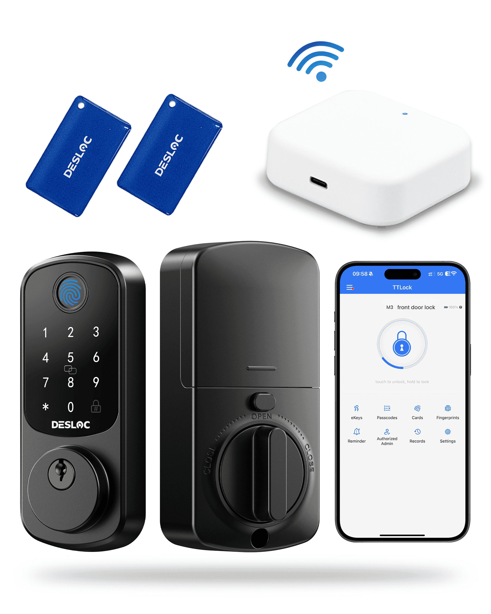 DESLOC B200 WiFi Serrure Intelligente pour Porte, Serrure de Porte Sans Clé à Empreinte Digitale, Télécommande via Application, Verrous Intelligents pour Porte d'Entrée, Serrure Intelligente à Pêne Dormant, Verrouillage Automatique