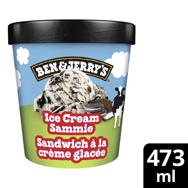 Ben & Jerry's Ice Cream Sammie Ice Cream pint with vanilla ice cream, chocolate sandwich cookies, and chocolate cookie swirls in a 473 ml blue and green container with a black lid, featuring a cow illustration, suitable as a frozen dessert treat.