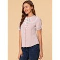 thumbnail image 4 of INSPIRE CHIC Women's Short Sleeve Button Front Lace Panel Bow Tie Collar Tops, 4 of 6
