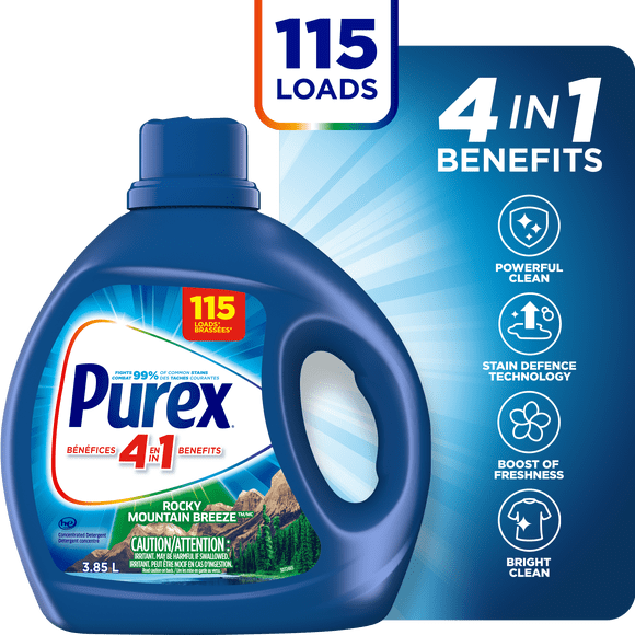 Détergent à lessive liquide concentré avec bénéfices 4-en-1, PurexMD Rocky Mountain BreezeMC, puissant contre les taches, ravive les vêtements, 3,85 l, 115 brassées, compatible avec les laveuses HE