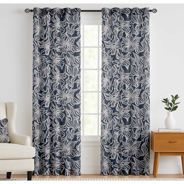 Vargottam Extra Long Cotton Curtains - 108" Length Drapes for High Ceilings or French Doors - 52"x108", Light Filtering Rod Pocket/Back Tab Drapes, Set of 2 Panels - Abstrct Floral Design (Blue)