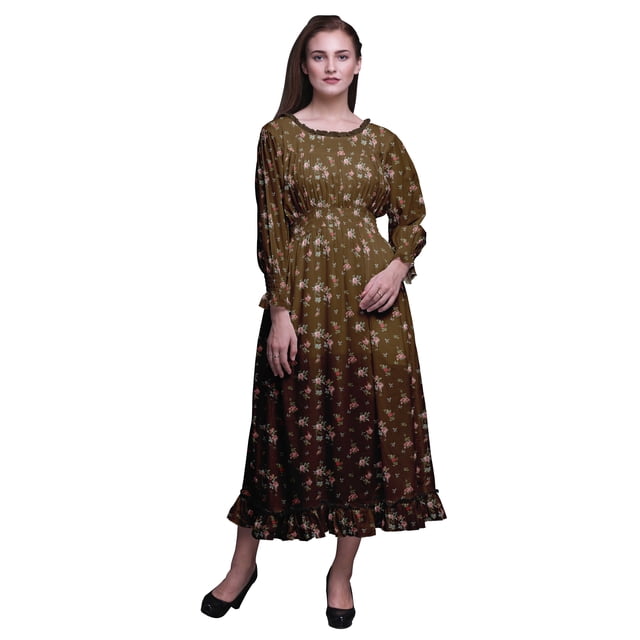 Bimba Robe Maxi à Volants pour Femmes, Florale, Manches Bishop, Col Rond, Taille Smockée - Xxx-Grand