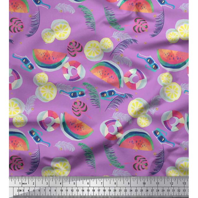 Soimoi Crepe Silk Fabric Fruits,Swim Ring & Goggles Summer Designs Printed Fabric 1 Yard 42 Inch Wide