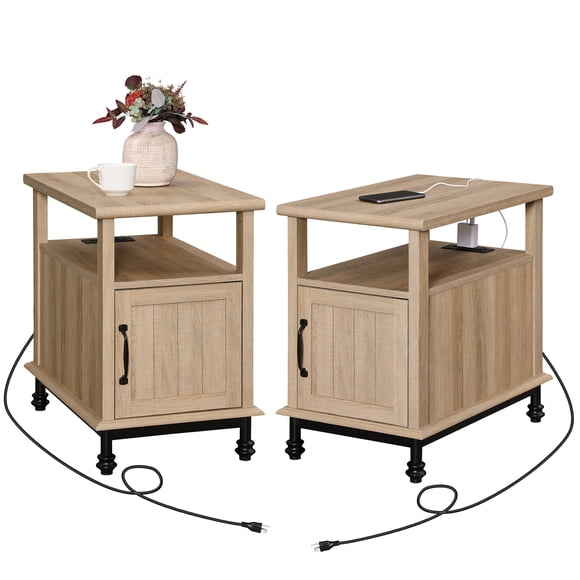 WAMPAT Set of 2 End Tables with Charging Station, Side Tables with Storage Cabinet, Light Wood Bedside Tables with Metal Legs, Oak Finish