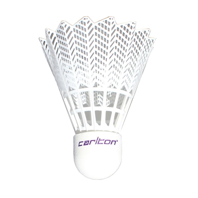 Carlton Premium Badminton Shuttlecocks - 6 pack showing a close-up of a single white synthetic shuttlecock with a durable synthetic skirt and rounded cork base marked with the Carlton logo in purple, suitable for medium speed badminton play and often used for recreational and training purposes.