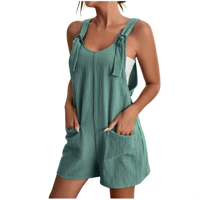 AherBiu Boho Jumpsuit for Women Short Beach Suspenders One-Piece Summer Outfits Solid Color Rompers with Pockets
