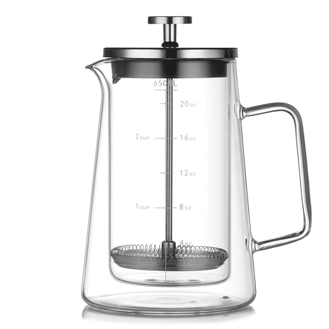Cafetière à Piston 650ml - Bouilloire en Verre Borosilicate à Double Paroi, Cafetière Maison avec Filtre