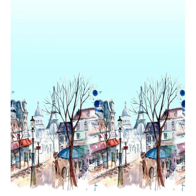 Soimoi polyester Crepe Fabric Street Lamp & House Panel Print Fabric by Yard 42 Inch Wide