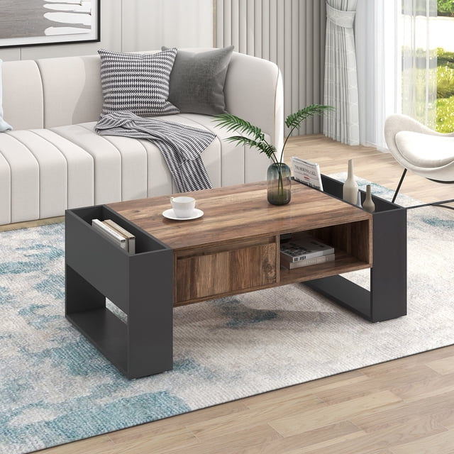 Wood coffee table with storage, measuring 43.5 inches, featuring a warm brown finish and mid-century modern design. The table includes one hidden drawer, two recessed compartments on either side, and an open storage divider underneath. Made from durable particle board, it supports up to 220 pounds and is shown in a living room setting with a beige sofa, decorative items, and a patterned rug.