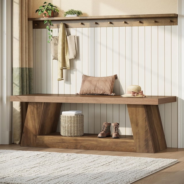 Tribesigns 63" Wooden Entryway Bench with Storage Shelf, Rustic Extra Long 2-Tier Narrow Hallway Seating Bench for Living Room, Bedroom, Kitchen,Brown