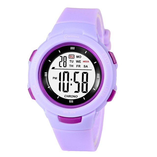 Xuanheng digital kids wristwatch featuring a purple ABS case and strap with a stainless steel bottom cover. The watch displays a clear digital interface with time, date, and week calendar functions. It includes features like an alarm, stopwatch, and chronograph. The design is waterproof for daily use, suitable for activities like swimming and showering. The strap length is adjustable between 125-185mm, and the strap width is 16mm. Ideal for boys and girls, this watch is both functional and stylish.