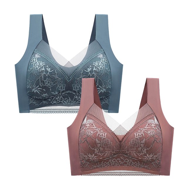 Timegard 2pc Lace Bras for Women Plus Size Full Coverage Mesh High Support Breathable Comfort Seamless Bra