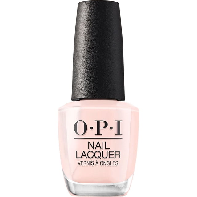 OPI Nail Lacquer bottle in pale pink with black textured cap, featuring brand and product name, designed for smooth, glossy, chip-resistant nail colour with pro-wide brush for flawless application, suitable for weekly manicure updates.