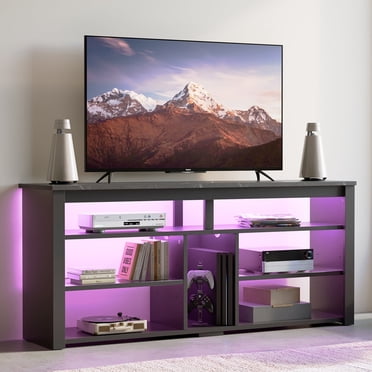 Bestier Meuble Télé Haut à DEL pour Téléviseurs jusqu'à 65 Pouces, Centre de Divertissement avec Rangement, Console Télé pour Chambre, Marbre Noir