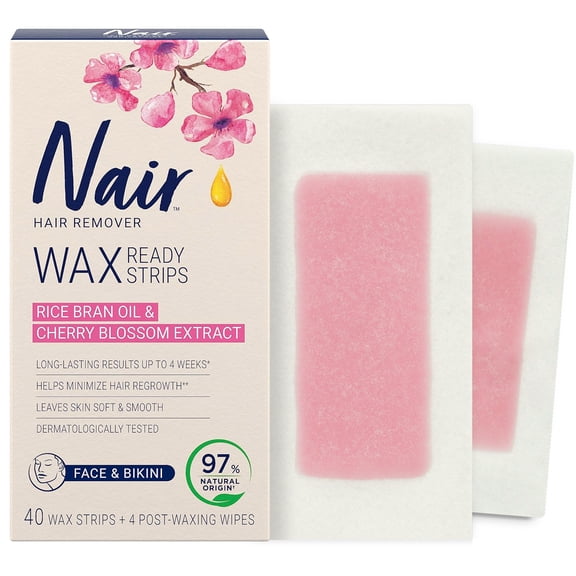 Nair Wax Ready Strips for Legs & Body with Skin Softening Cherry Oil, for Sensitive Skin, 40 Strips + 4 Finishing Wipes, Packaging May Vary