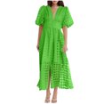 thumbnail image 1 of Mikilon Robes d'Été pour Femmes Ensemble Jupe Aguichant Robe à Carreaux à Manches Courtes Lanterne Aguichant à Col en V Profond Robes Gaine Mode Décontractée Taille Haute Unie Robe de Soirée avec Fente Vert TP, 1 of 6