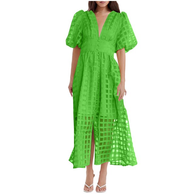 Mikilon Robes d'Été pour Femmes Ensemble Jupe Aguichant Robe à Carreaux à Manches Courtes Lanterne Aguichant à Col en V Profond Robes Gaine Mode Décontractée Taille Haute Unie Robe de Soirée avec Fente Vert TP