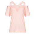 thumbnail image 4 of LSLJS T-Shirts en Dentelle à Épaules Dénudées pour Femmes Été Col en V Décontracté Patchwork Uni Manches Courtes Hauts, 4 of 9