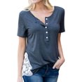 thumbnail image 1 of Women Buttons Side Hem Lace Crochet Stitching Crew Neck Short Sleeves Shirt, 1 of 4