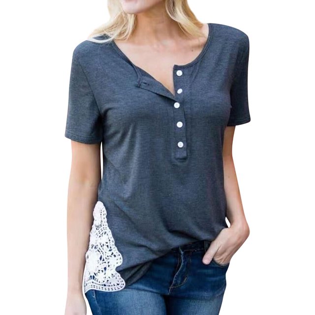 Women Buttons Side Hem Lace Crochet Stitching Crew Neck Short Sleeves Shirt