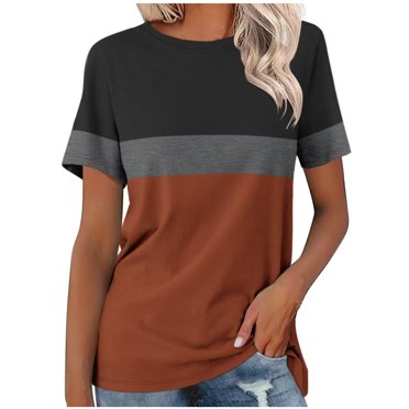 Plebaso T-Shirts Décontractés pour Femmes à Blocs de Couleur, Col Rond, Manches Courtes, Été, Coupe Ample, Blouses