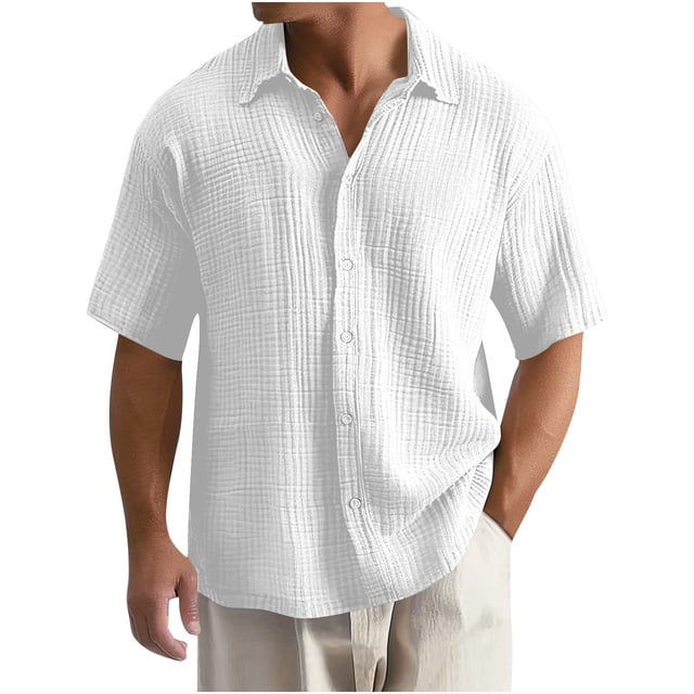 Kaemgyyd Mens Button down Shirt Lightweight Summer Beach Vacation Tops Casual Loose Textured Solid Color Half Sleeve Tee