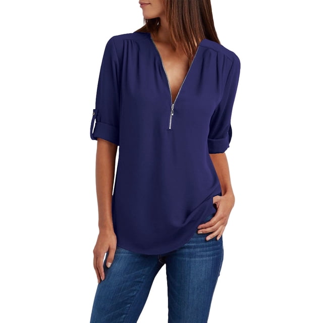 Women's Loose Chiffon Shirt - Long Sleeves, Zipper Detail, Plus Size Button Top