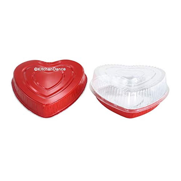 Disposable Red Aluminum Heart Shaped Cake Pan 8" Size w/ Lid options (25, WITH SNAP ON DOME LID)