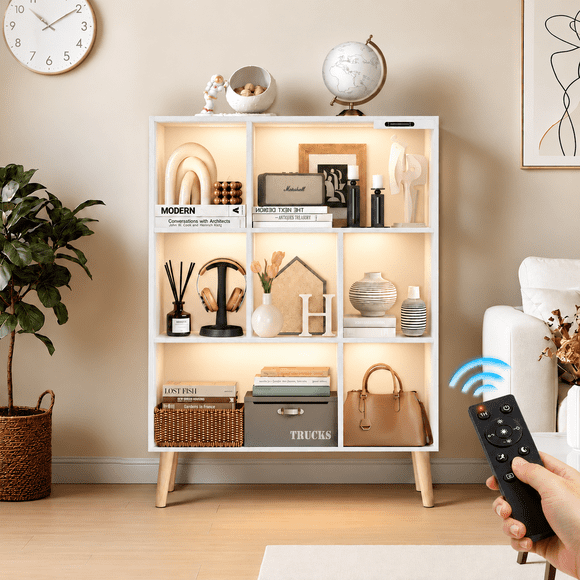 OUTONLIFE Organisateur de Rangement à 7 Cubes avec Lumières DEL, Bibliothèque Ouverte Moderne à 3 Niveaux avec Télécommande, Bibliothèque Autoportante avec Pattes pour Salon, Chambre, Bureau, Blanc