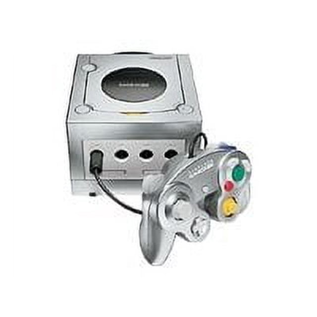 Nintendo GameCube - Game console - platinum with a compact, cube-shaped design in a platinum finish. Features four controller ports on the front and includes a matching platinum gamepad with colorful buttons. Ideal for retro gaming enthusiasts. AC power adapter also included.