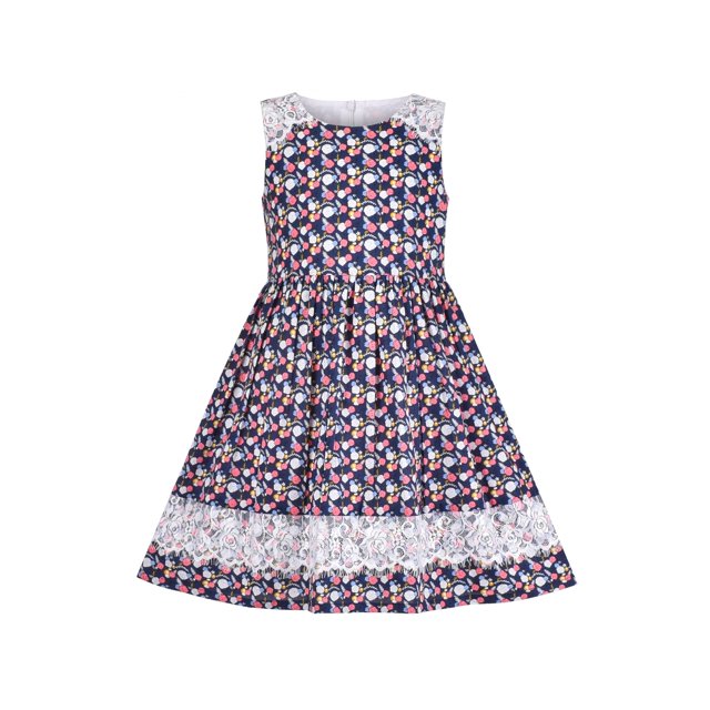 Robe Fille Vintage Dentelle Florale Bleue Col Rond Sans Manches Nœud 7 Ans