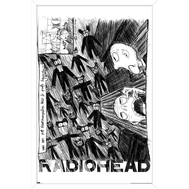 Radiohead - Affiche Murale Gribouillée, 14,725 Pouces x 22,375 Pouces art Mural Encadré Présentant une Croquis Noir et Blanc de Multiples Figurines Humanoïdes Abstraites avec de Grandes Bouches Souriantes et des Lunettes Entourant Deux Visages Usés à Droite, avec Texte Manuscrit « We are not safe managing. This is really happening. » et Radiohead en Audacieux au Bas, Idéal pour la Déco de la Maison Ou les Murs du Bureau.