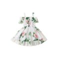 thumbnail image 1 of Xingqing 8 Colors Summer Princess Kids Girls Dress Flowers Printed Short Sleeve Off Shoulder Ruffles A-Line Chiffon Dress, 1 of 7