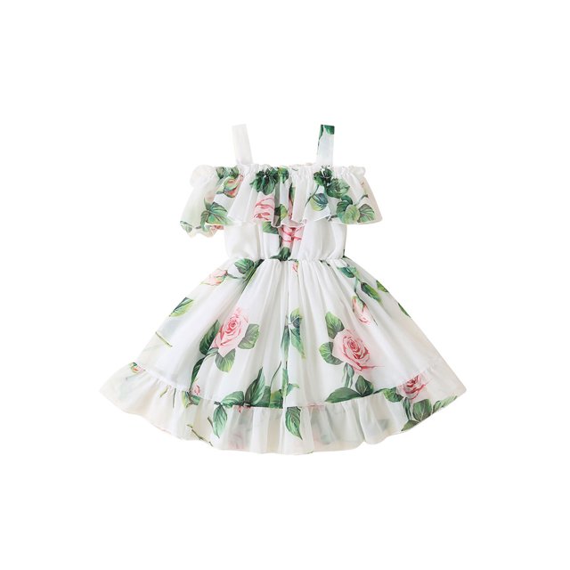Xingqing 8 Colors Summer Princess Kids Girls Dress Flowers Printed Short Sleeve Off Shoulder Ruffles A-Line Chiffon Dress