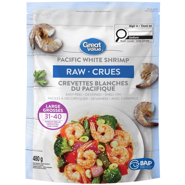 Great Value Raw Pacific White Shrimp 31/40, 480 g