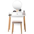 thumbnail image 3 of Patiojoy Coiffeuse en Bois Table de Maquillage Miroir Rond Tabouret Rembourré avec 1 Tiroir, 3 of 7