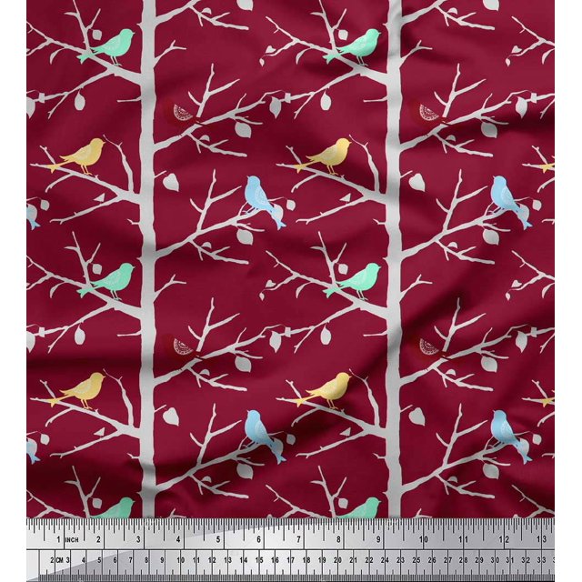 Soimoi Red Silk Fabric Artistic Bird & Tree Printed Fabric 1 Yard 42 Inch Wide