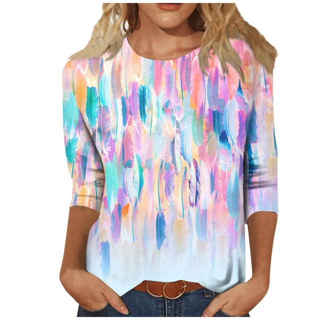 Pompotops T-shirt Imprimé pour Femme Blouse à Manches 3/4 Col Rond Hauts Décontractés en Solde