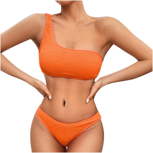 Penkiiy Women's Ribbed Bikini Sets One Shoulder Top with Mid Waist Two Piece Bathing Suit S Orange